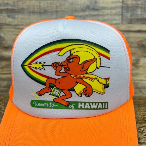 University of Hawaii Mens Trucker Hat Orange Snapback Vintage Rainbow Logo cap - Picture 3 of 8